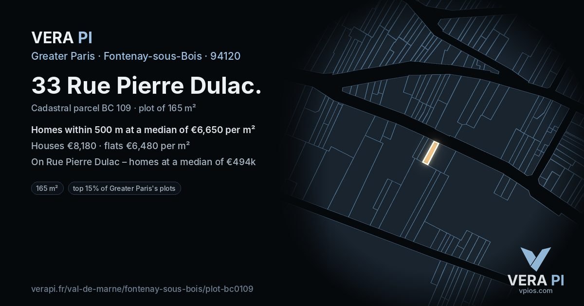 33 Rue Pierre Dulac, Fontenay-sous-Bois at night – the plot lit, the parcels around coloured by the prices near them