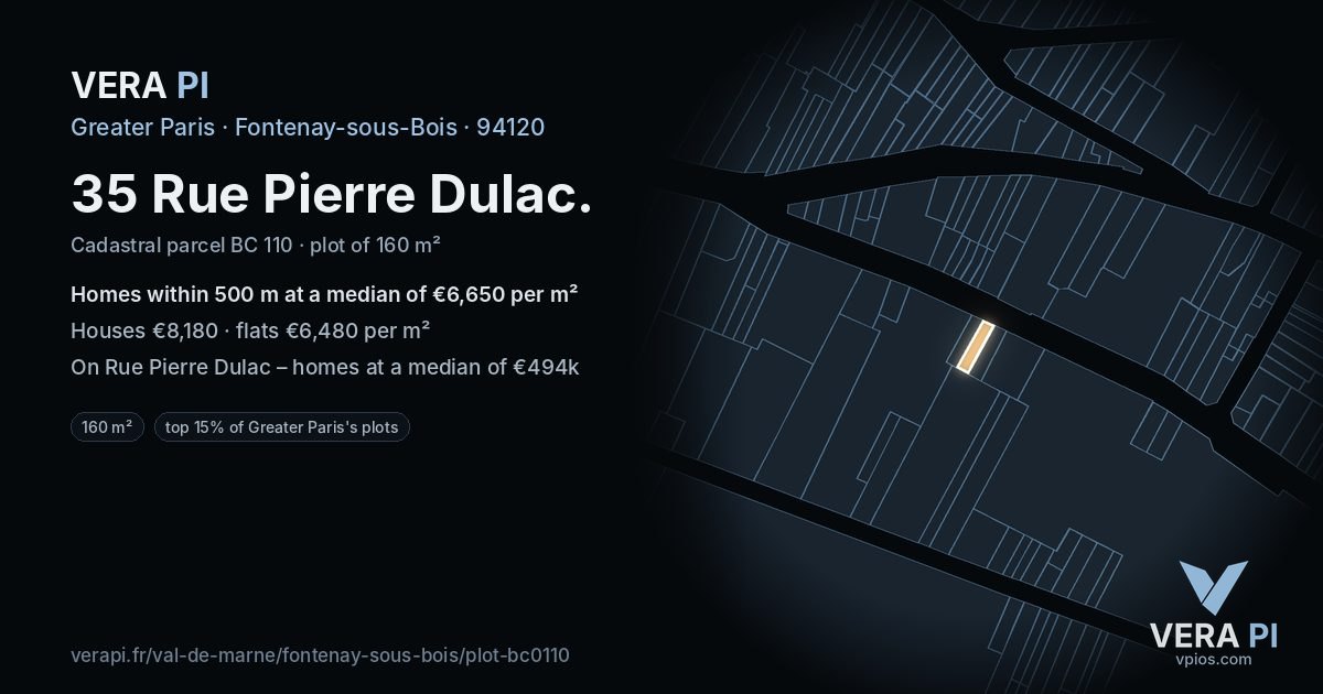 35 Rue Pierre Dulac, Fontenay-sous-Bois at night – the plot lit, the parcels around coloured by the prices near them