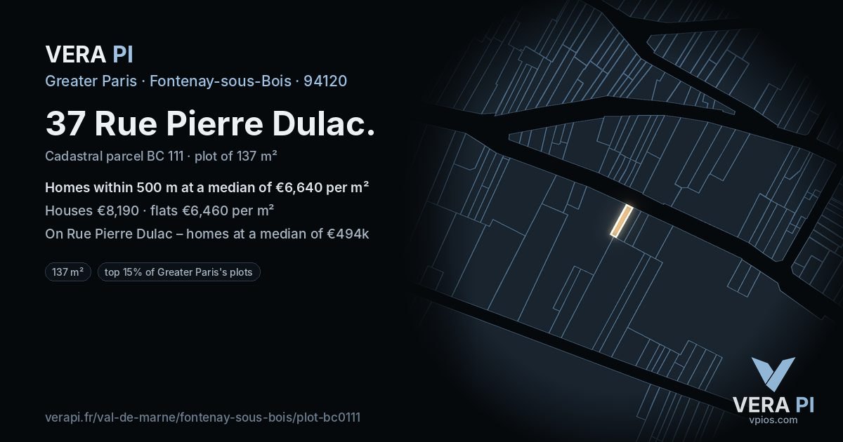37 Rue Pierre Dulac, Fontenay-sous-Bois at night – the plot lit, the parcels around coloured by the prices near them