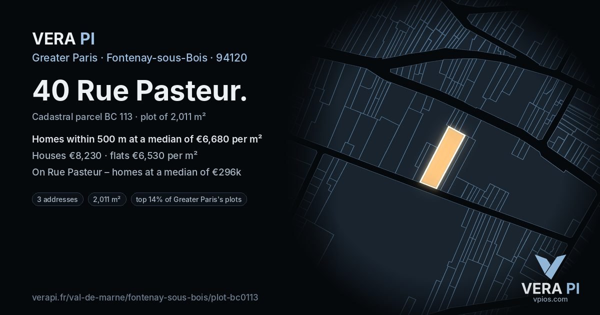 40 Rue Pasteur, Fontenay-sous-Bois at night – the plot lit, the parcels around coloured by the prices near them
