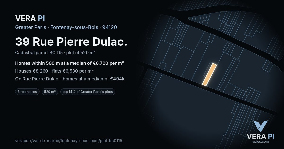 39 Rue Pierre Dulac, Fontenay-sous-Bois at night – the plot lit, the parcels around coloured by the prices near them