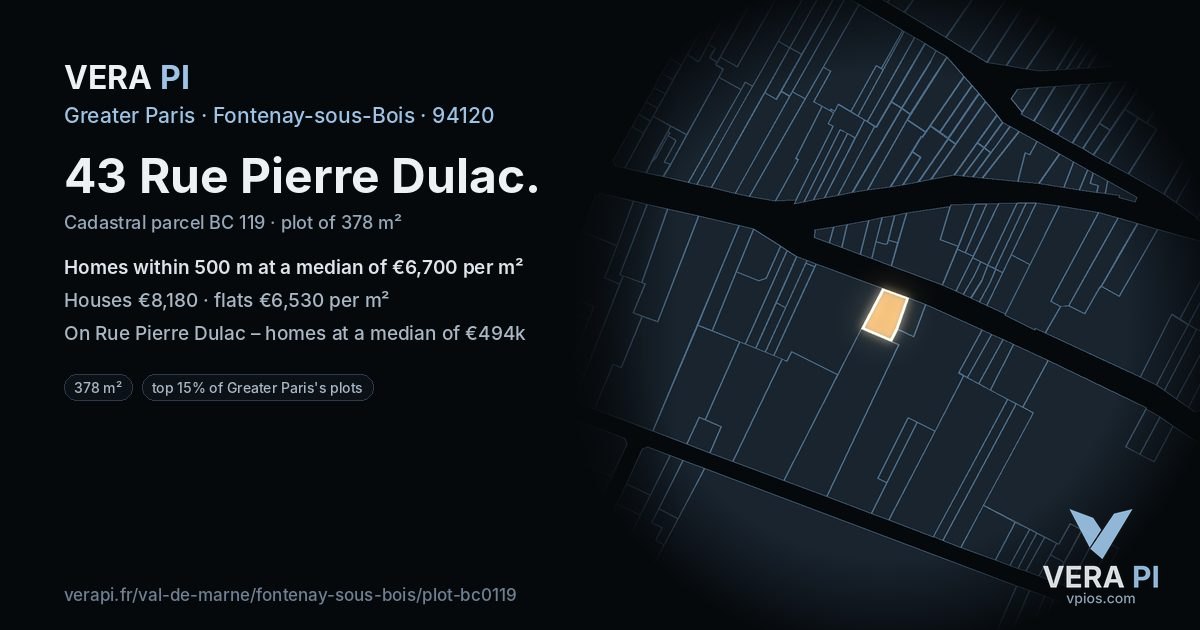 43 Rue Pierre Dulac, Fontenay-sous-Bois at night – the plot lit, the parcels around coloured by the prices near them