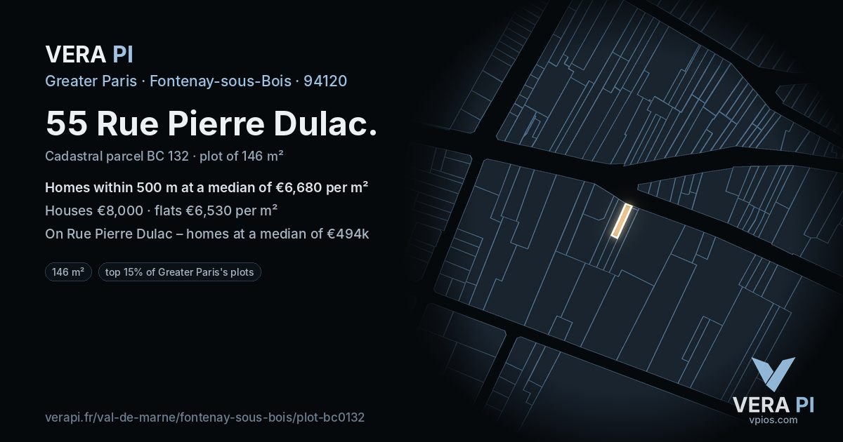 55 Rue Pierre Dulac, Fontenay-sous-Bois at night – the plot lit, the parcels around coloured by the prices near them