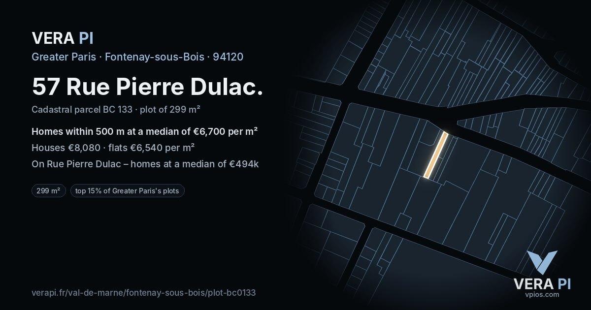 57 Rue Pierre Dulac, Fontenay-sous-Bois at night – the plot lit, the parcels around coloured by the prices near them