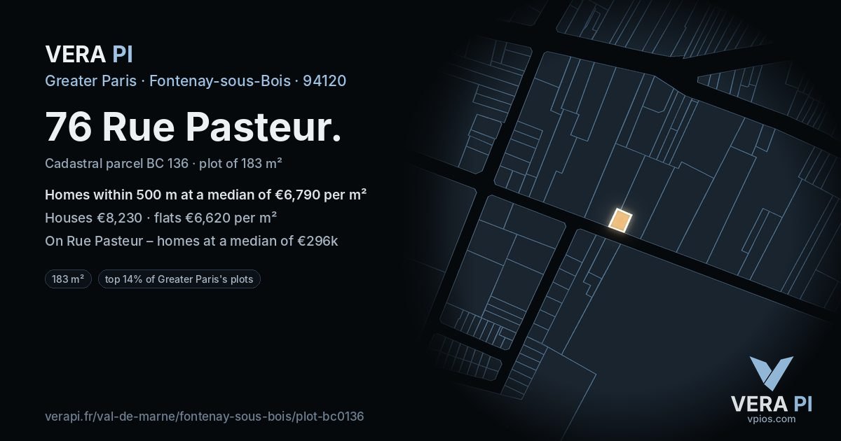 76 Rue Pasteur, Fontenay-sous-Bois at night – the plot lit, the parcels around coloured by the prices near them