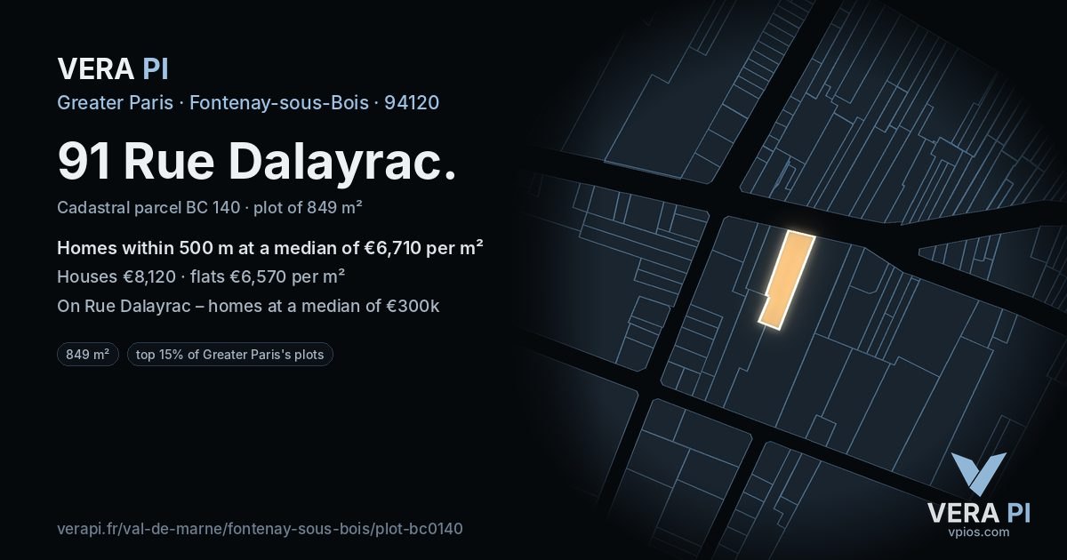 91 Rue Dalayrac, Fontenay-sous-Bois at night – the plot lit, the parcels around coloured by the prices near them