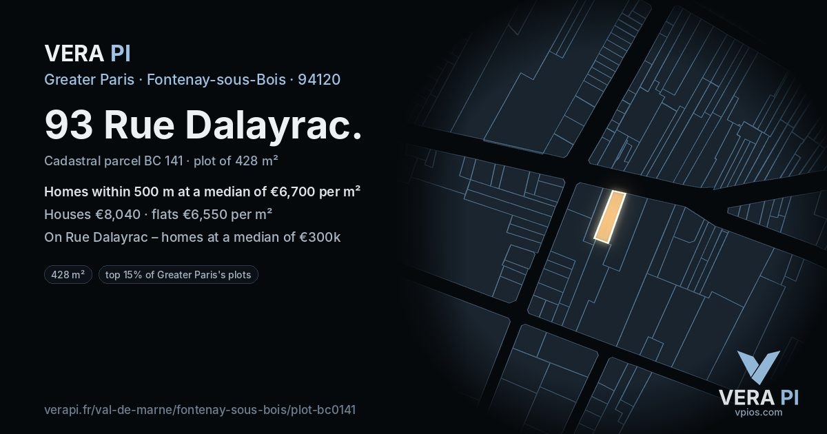 93 Rue Dalayrac, Fontenay-sous-Bois at night – the plot lit, the parcels around coloured by the prices near them