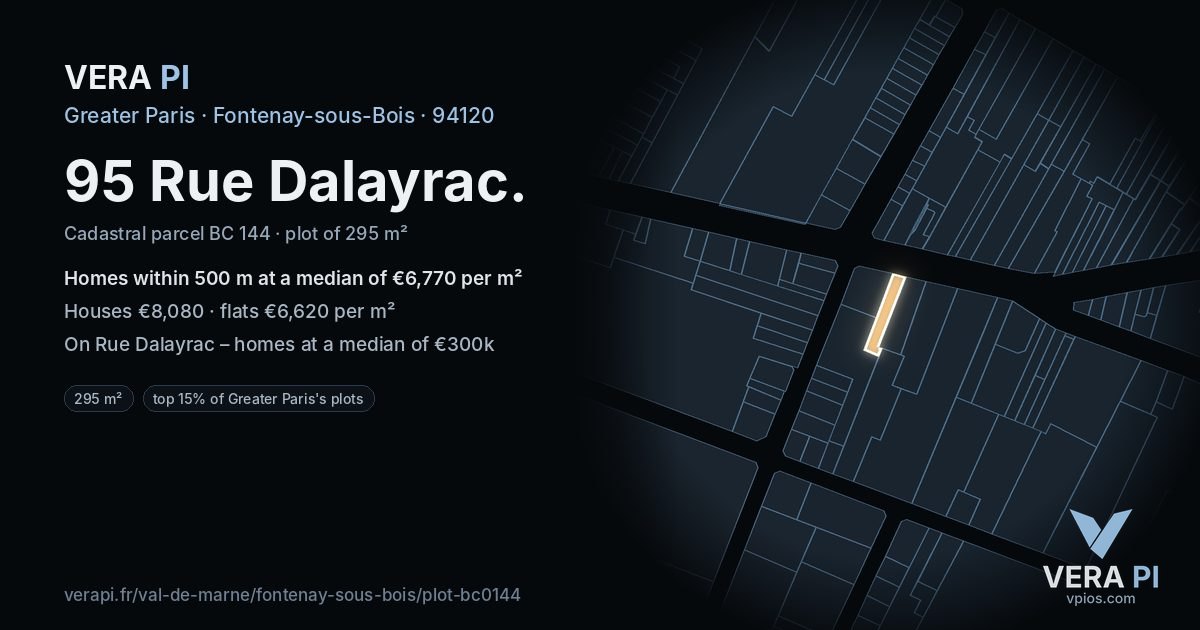 95 Rue Dalayrac, Fontenay-sous-Bois at night – the plot lit, the parcels around coloured by the prices near them