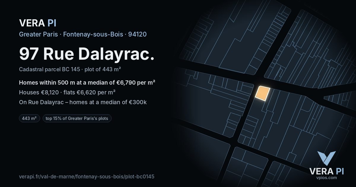 97 Rue Dalayrac, Fontenay-sous-Bois at night – the plot lit, the parcels around coloured by the prices near them