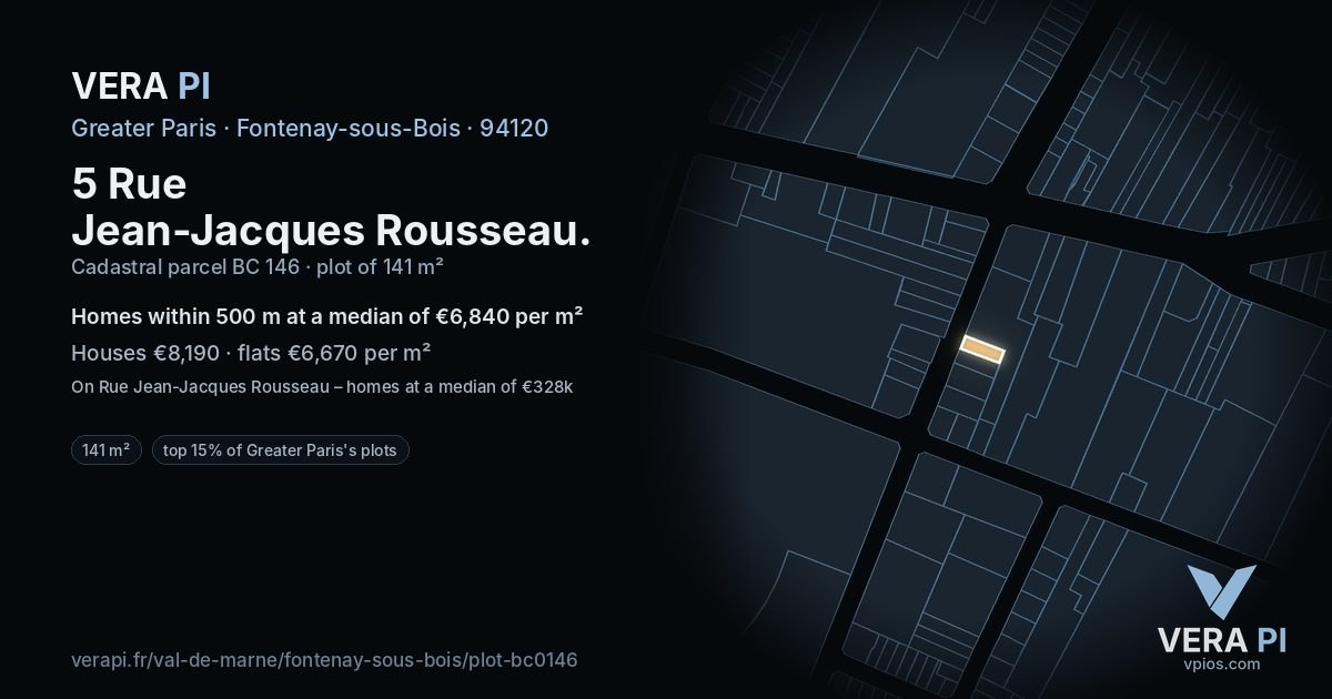 5 Rue Jean-Jacques Rousseau, Fontenay-sous-Bois at night – the plot lit, the parcels around coloured by the prices near them