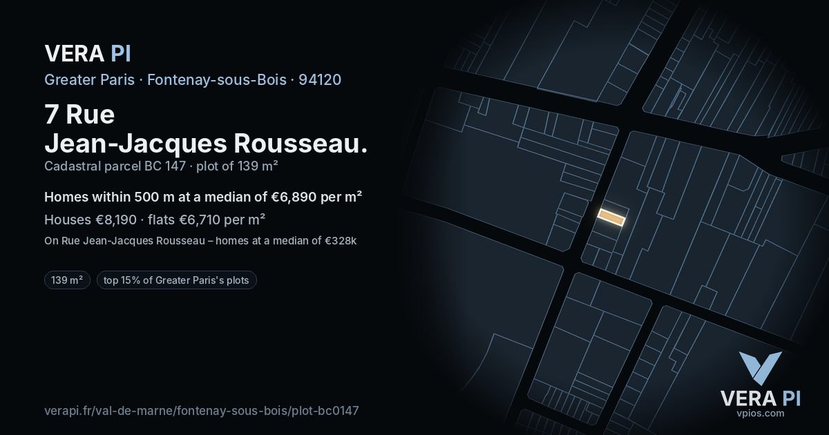 7 Rue Jean-Jacques Rousseau, Fontenay-sous-Bois at night – the plot lit, the parcels around coloured by the prices near them