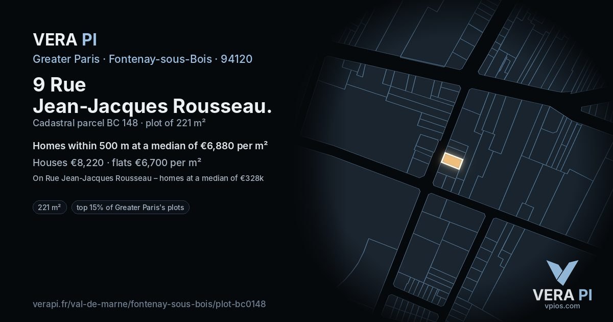 9 Rue Jean-Jacques Rousseau, Fontenay-sous-Bois at night – the plot lit, the parcels around coloured by the prices near them