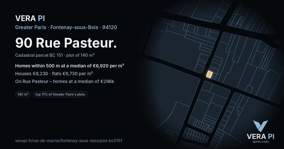 90 Rue Pasteur, Fontenay-sous-Bois at night – the plot lit, the parcels around coloured by the prices near them