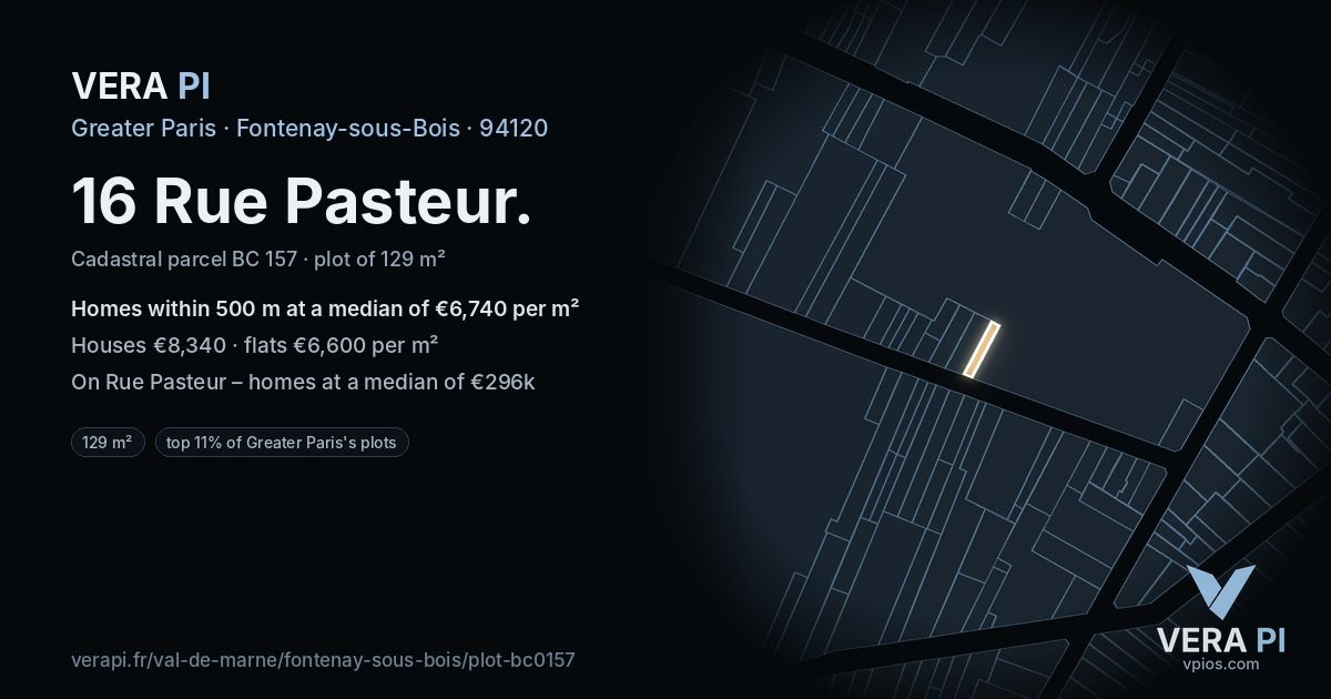 16 Rue Pasteur, Fontenay-sous-Bois at night – the plot lit, the parcels around coloured by the prices near them