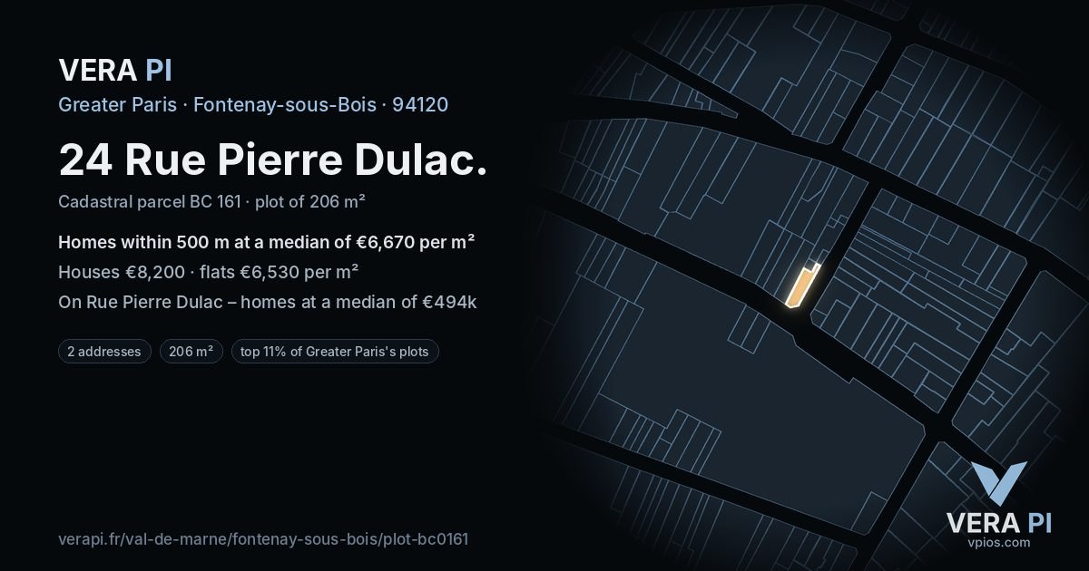 24 Rue Pierre Dulac, Fontenay-sous-Bois at night – the plot lit, the parcels around coloured by the prices near them