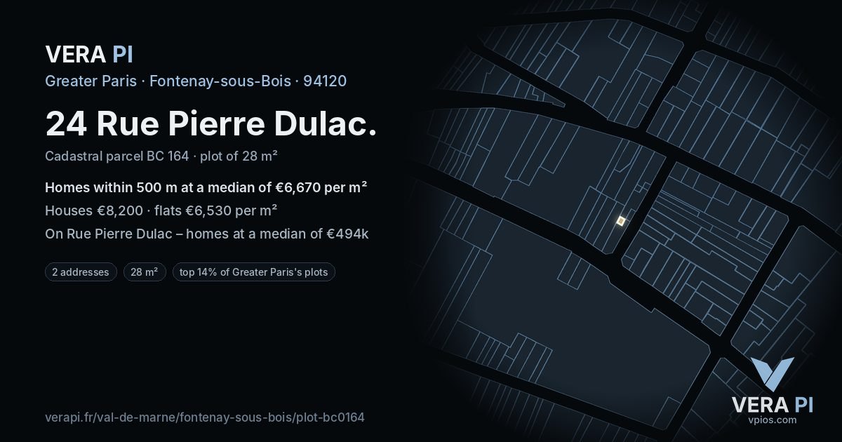 24 Rue Pierre Dulac, Fontenay-sous-Bois at night – the plot lit, the parcels around coloured by the prices near them