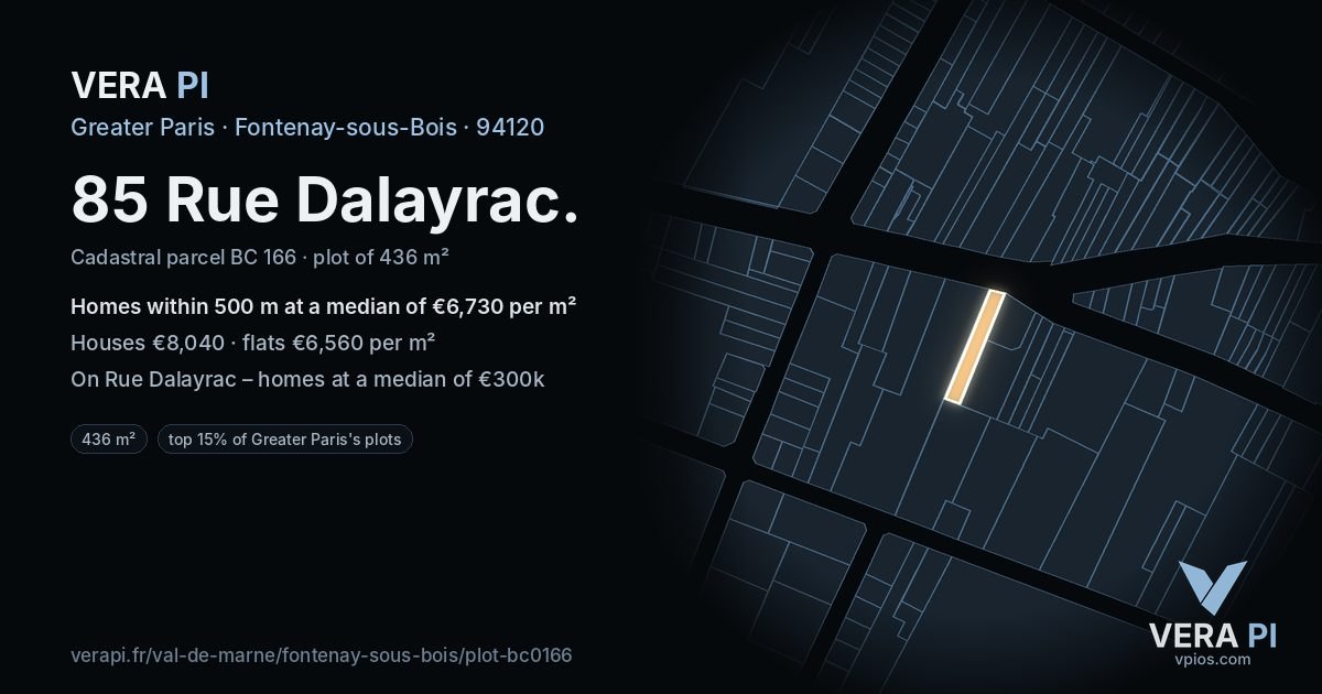 85 Rue Dalayrac, Fontenay-sous-Bois at night – the plot lit, the parcels around coloured by the prices near them