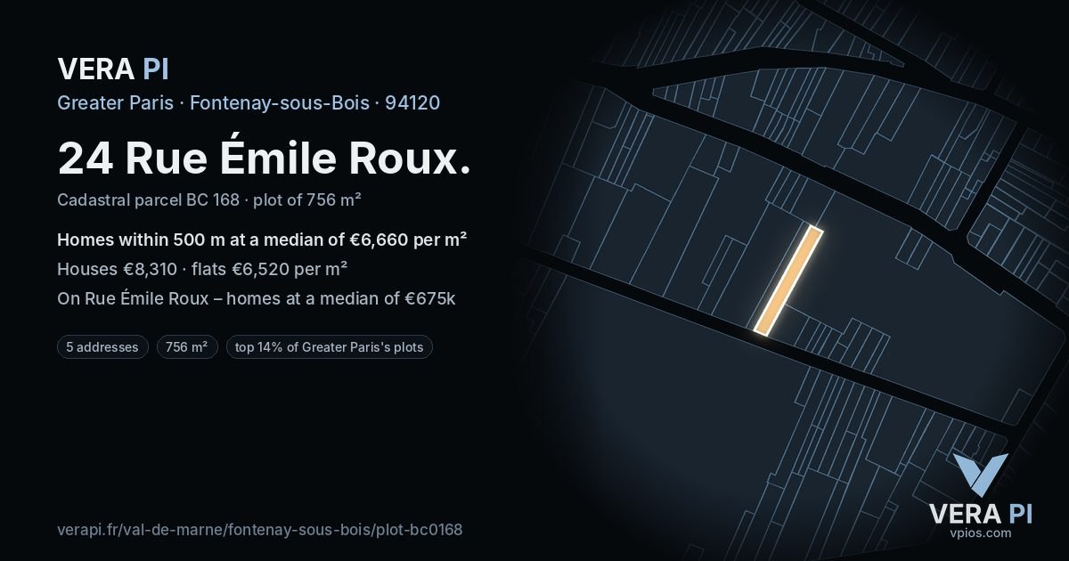 24 Rue Émile Roux, Fontenay-sous-Bois at night – the plot lit, the parcels around coloured by the prices near them