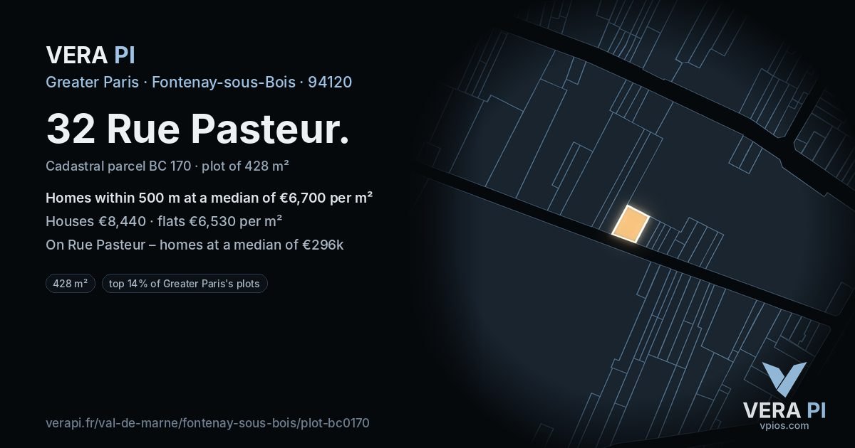 32 Rue Pasteur, Fontenay-sous-Bois at night – the plot lit, the parcels around coloured by the prices near them