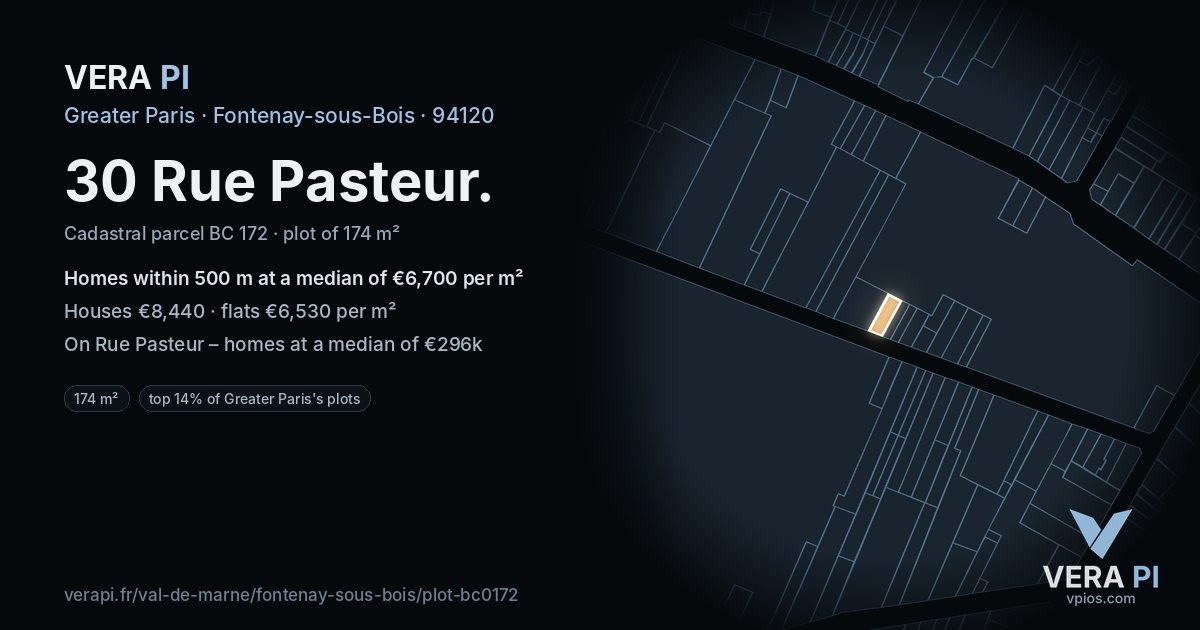 30 Rue Pasteur, Fontenay-sous-Bois at night – the plot lit, the parcels around coloured by the prices near them