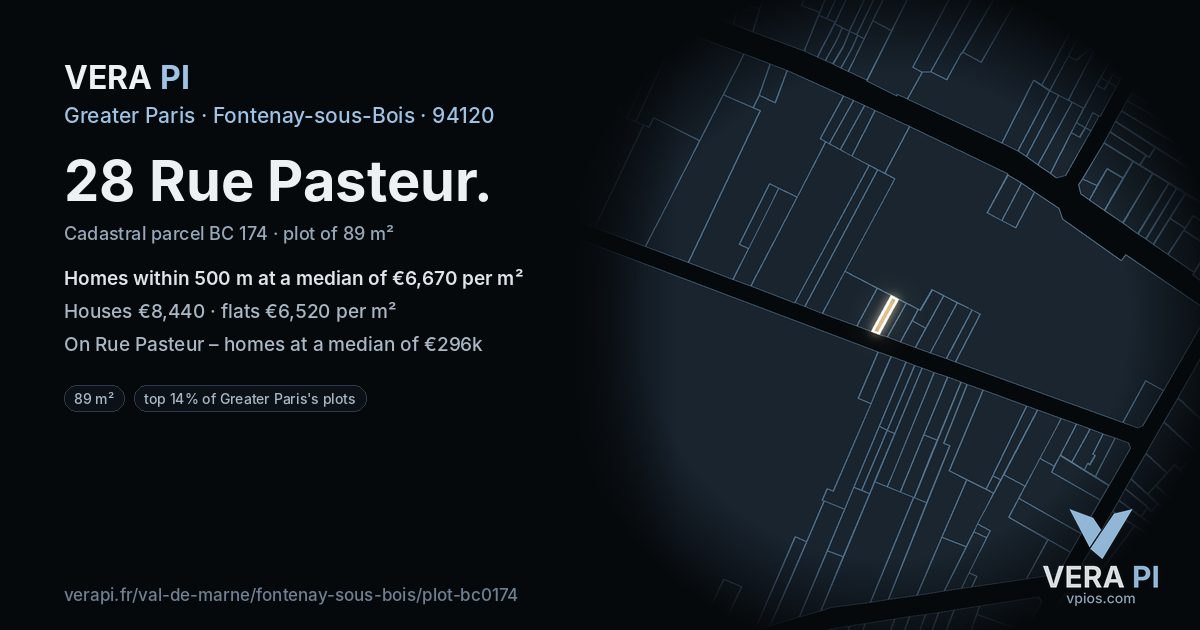 28 Rue Pasteur, Fontenay-sous-Bois at night – the plot lit, the parcels around coloured by the prices near them