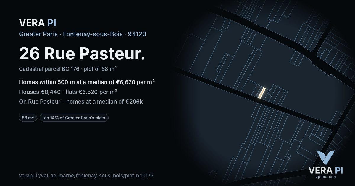26 Rue Pasteur, Fontenay-sous-Bois at night – the plot lit, the parcels around coloured by the prices near them