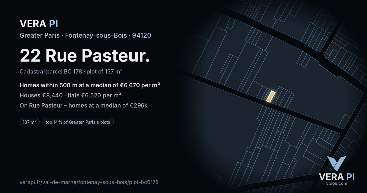 22 Rue Pasteur, Fontenay-sous-Bois at night – the plot lit, the parcels around coloured by the prices near them