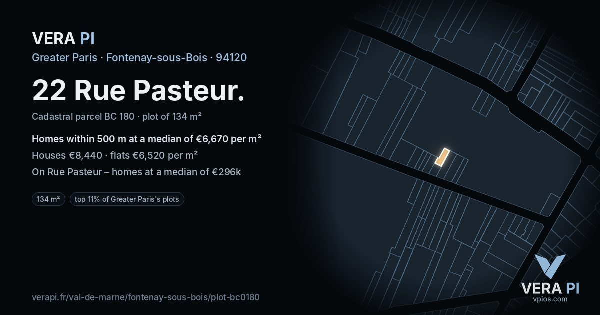 22 Rue Pasteur, Fontenay-sous-Bois at night – the plot lit, the parcels around coloured by the prices near them