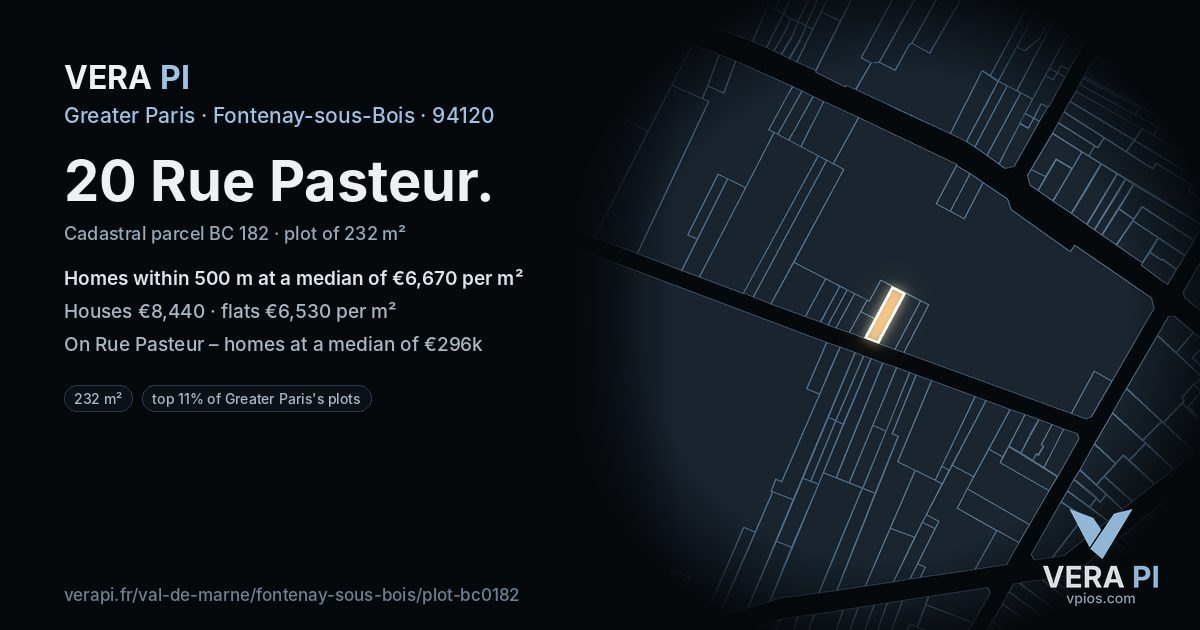 20 Rue Pasteur, Fontenay-sous-Bois at night – the plot lit, the parcels around coloured by the prices near them