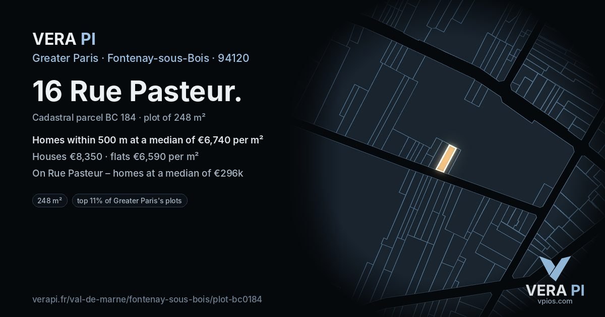 16 Rue Pasteur, Fontenay-sous-Bois at night – the plot lit, the parcels around coloured by the prices near them