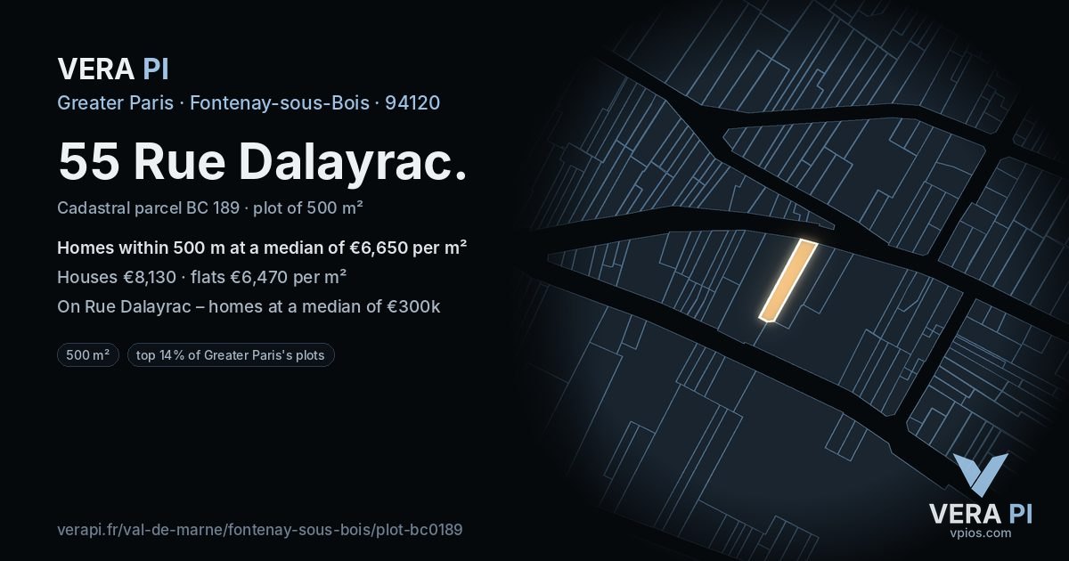 55 Rue Dalayrac, Fontenay-sous-Bois at night – the plot lit, the parcels around coloured by the prices near them