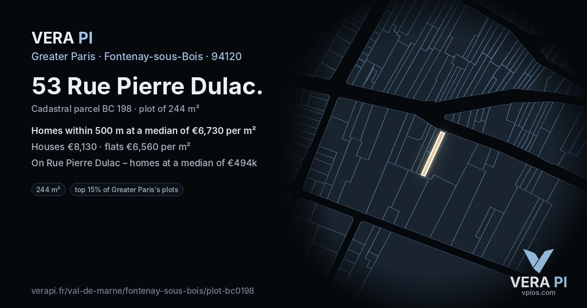 53 Rue Pierre Dulac, Fontenay-sous-Bois at night – the plot lit, the parcels around coloured by the prices near them