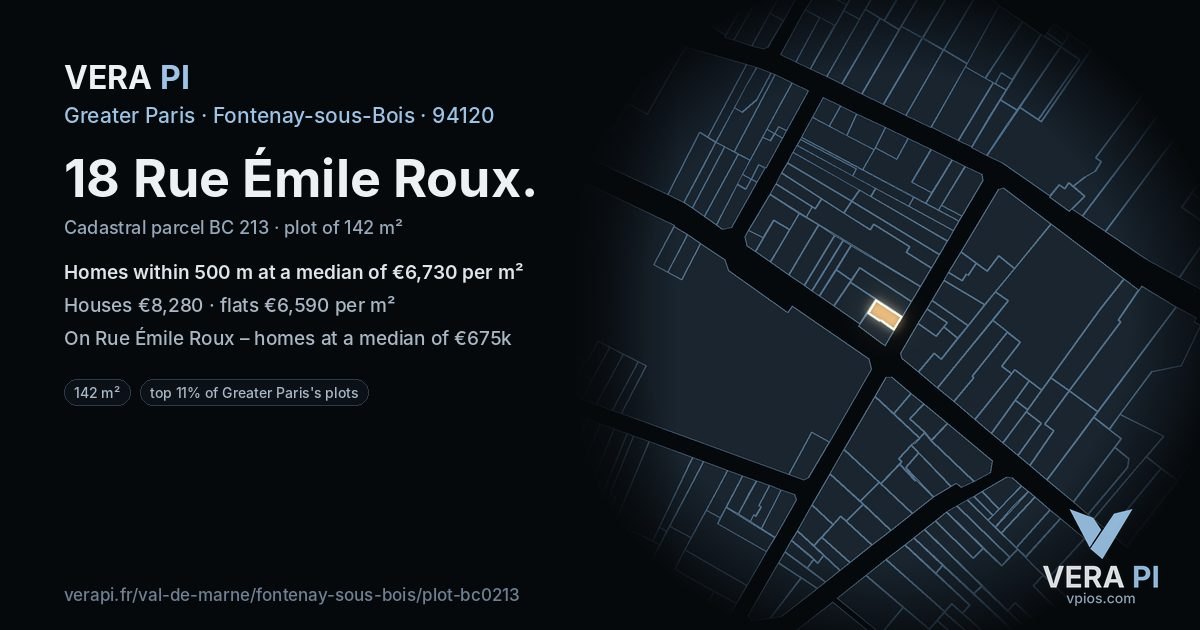 18 Rue Émile Roux, Fontenay-sous-Bois at night – the plot lit, the parcels around coloured by the prices near them