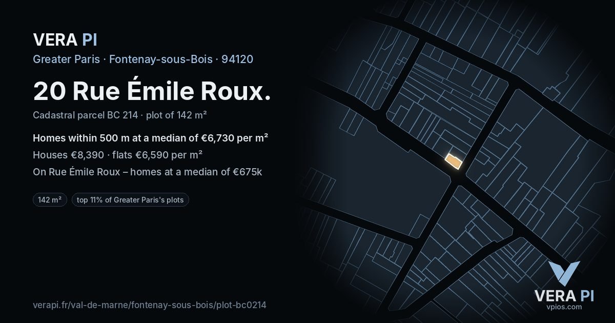 20 Rue Émile Roux, Fontenay-sous-Bois at night – the plot lit, the parcels around coloured by the prices near them