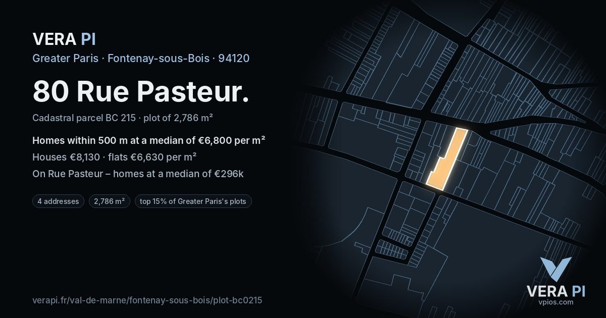 80 Rue Pasteur, Fontenay-sous-Bois at night – the plot lit, the parcels around coloured by the prices near them