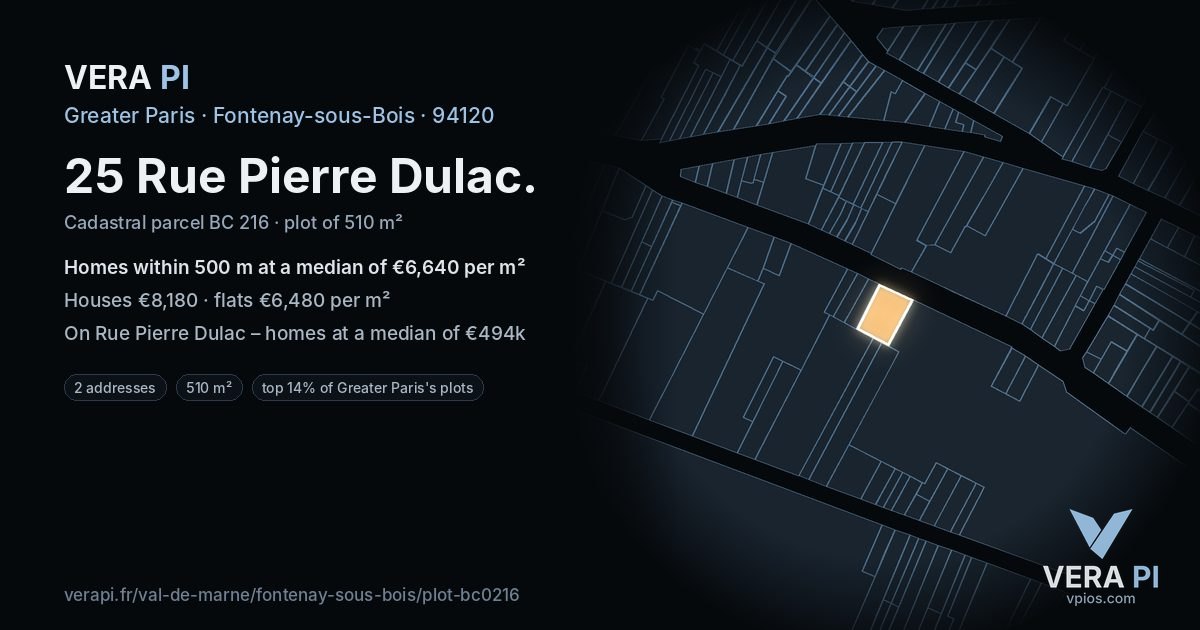 25 Rue Pierre Dulac, Fontenay-sous-Bois at night – the plot lit, the parcels around coloured by the prices near them