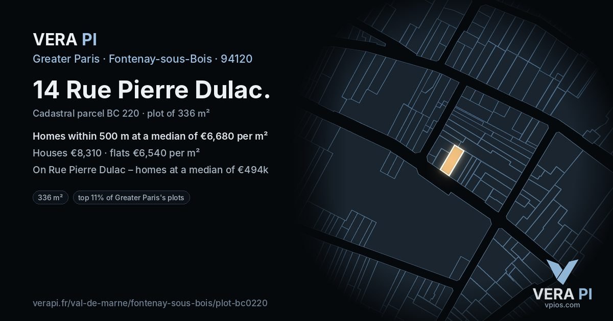 14 Rue Pierre Dulac, Fontenay-sous-Bois at night – the plot lit, the parcels around coloured by the prices near them