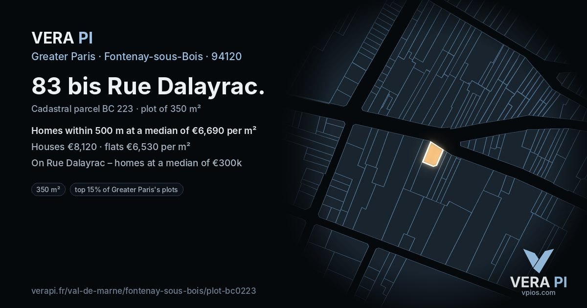 83 bis Rue Dalayrac, Fontenay-sous-Bois at night – the plot lit, the parcels around coloured by the prices near them