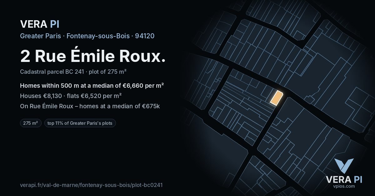 2 Rue Émile Roux, Fontenay-sous-Bois at night – the plot lit, the parcels around coloured by the prices near them