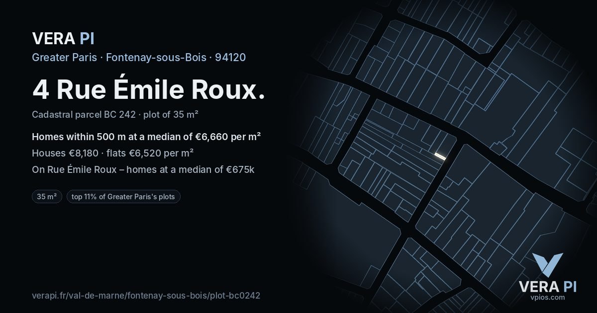 4 Rue Émile Roux, Fontenay-sous-Bois at night – the plot lit, the parcels around coloured by the prices near them