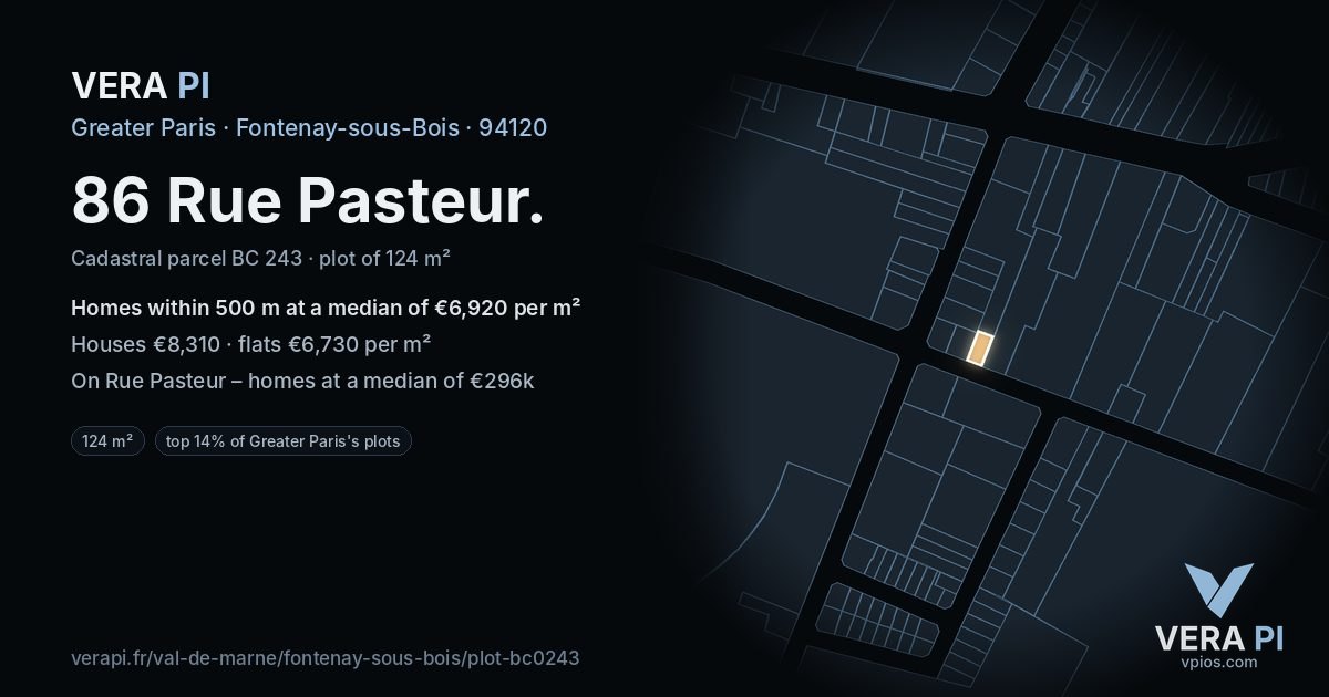 86 Rue Pasteur, Fontenay-sous-Bois at night – the plot lit, the parcels around coloured by the prices near them