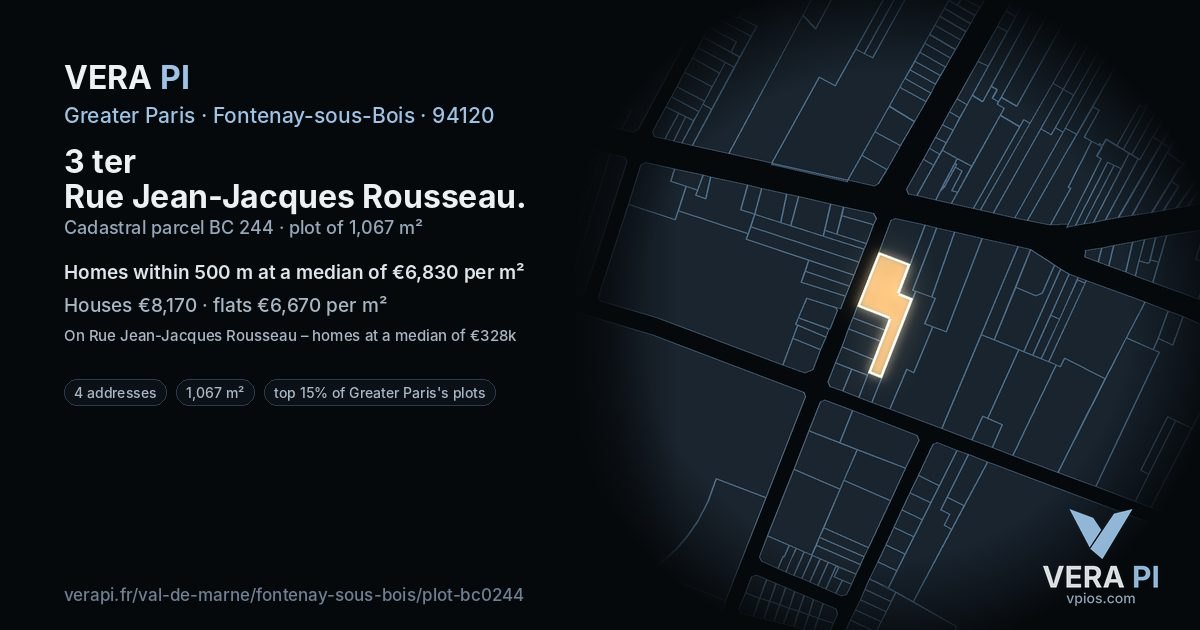 3 ter Rue Jean-Jacques Rousseau, Fontenay-sous-Bois at night – the plot lit, the parcels around coloured by the prices near them