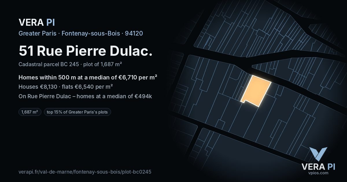 51 Rue Pierre Dulac, Fontenay-sous-Bois at night – the plot lit, the parcels around coloured by the prices near them