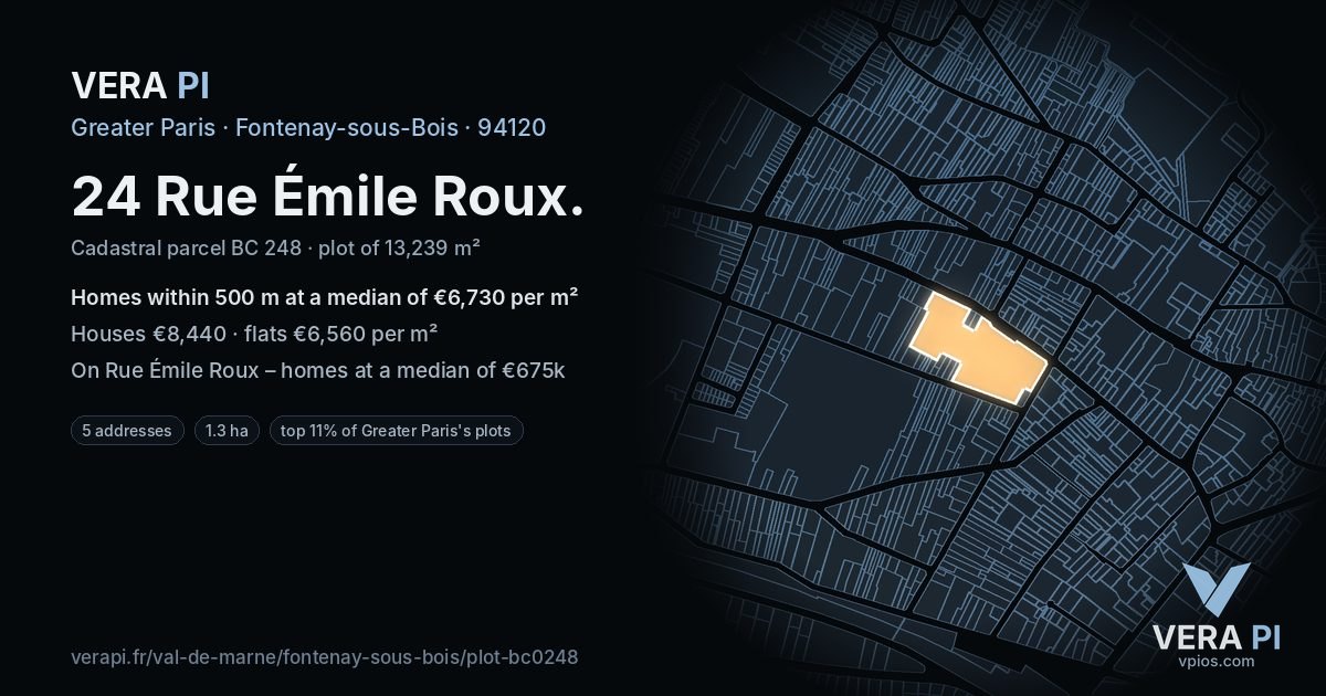 24 Rue Émile Roux, Fontenay-sous-Bois at night – the plot lit, the parcels around coloured by the prices near them