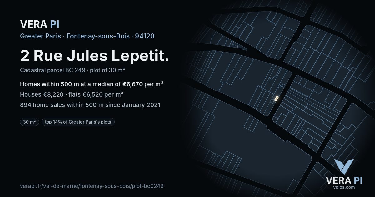 2 Rue Jules Lepetit, Fontenay-sous-Bois at night – the plot lit, the parcels around coloured by the prices near them