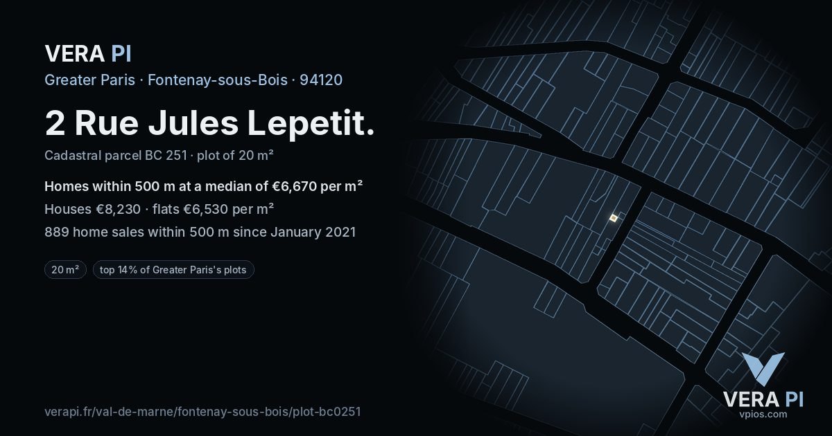 2 Rue Jules Lepetit, Fontenay-sous-Bois at night – the plot lit, the parcels around coloured by the prices near them