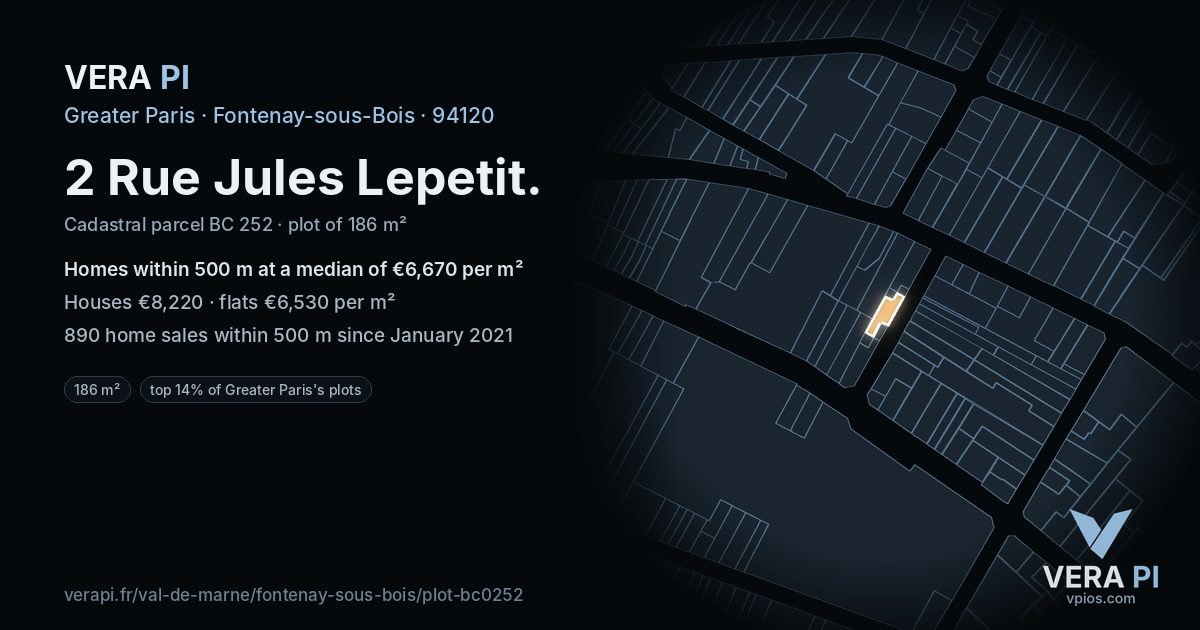 2 Rue Jules Lepetit, Fontenay-sous-Bois at night – the plot lit, the parcels around coloured by the prices near them