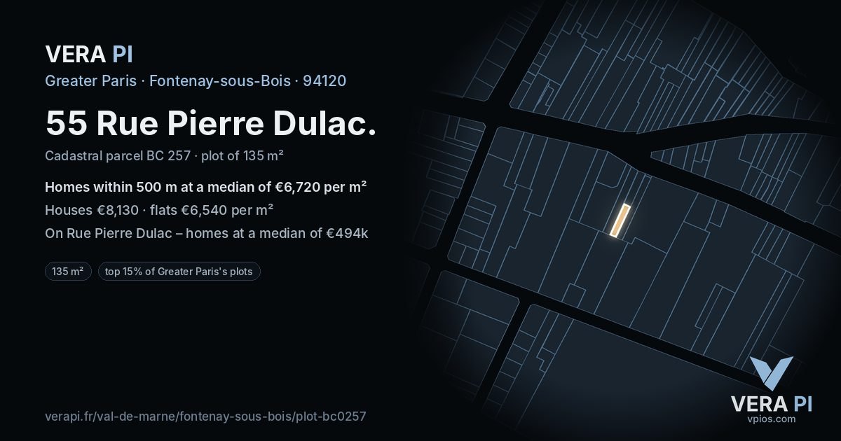 55 Rue Pierre Dulac, Fontenay-sous-Bois at night – the plot lit, the parcels around coloured by the prices near them