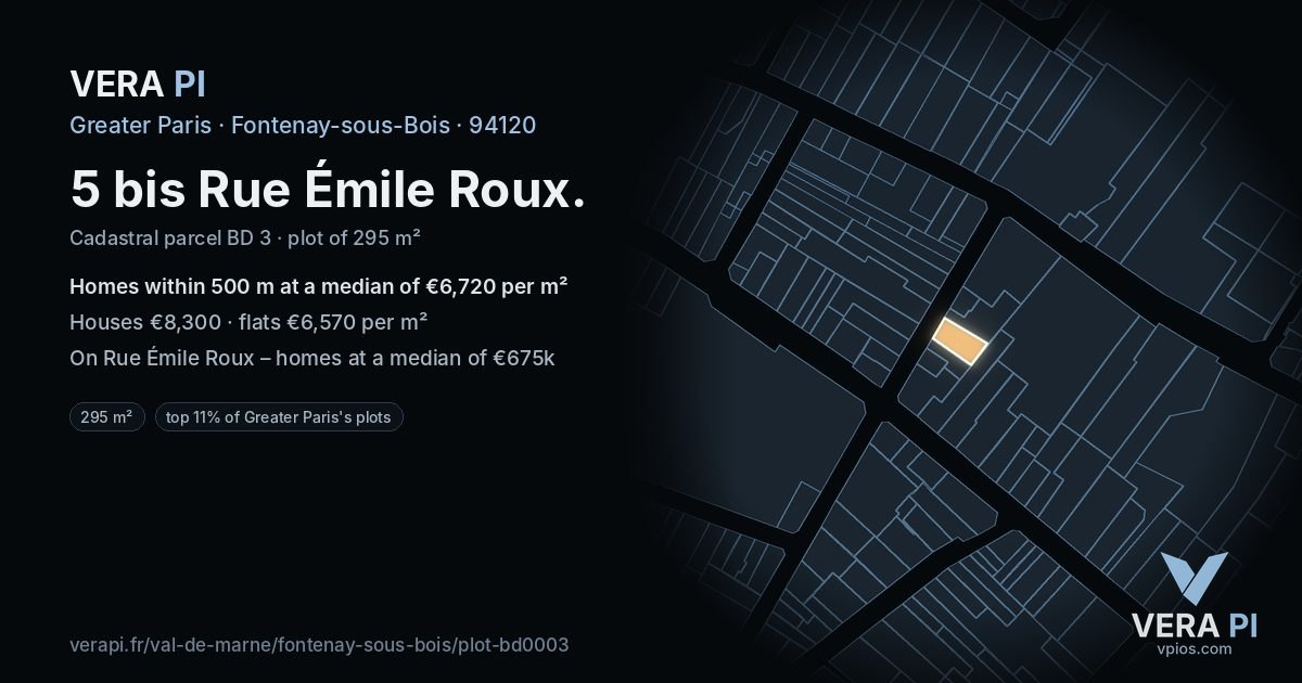 5 bis Rue Émile Roux, Fontenay-sous-Bois at night – the plot lit, the parcels around coloured by the prices near them