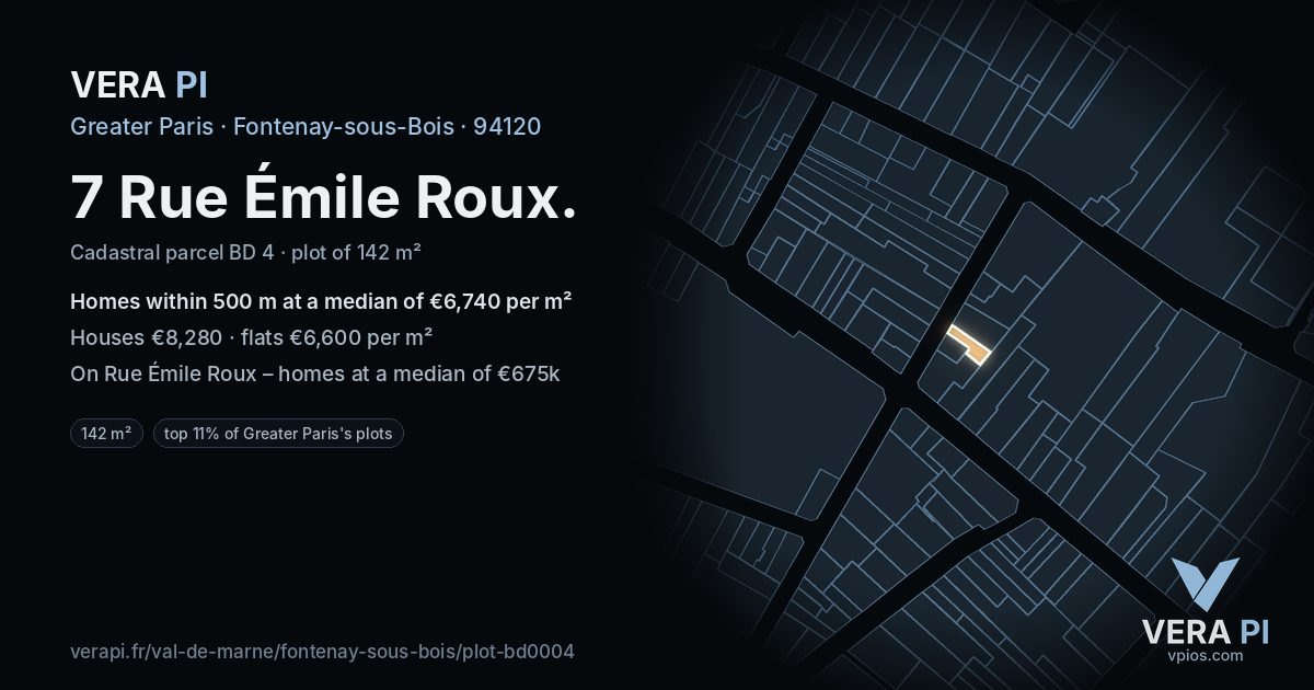 7 Rue Émile Roux, Fontenay-sous-Bois at night – the plot lit, the parcels around coloured by the prices near them